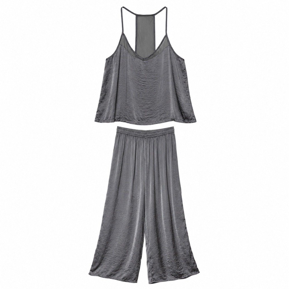 Tahari Sleepwear Gray Satin Pajama Set Cami Wide Leg Pants Medium